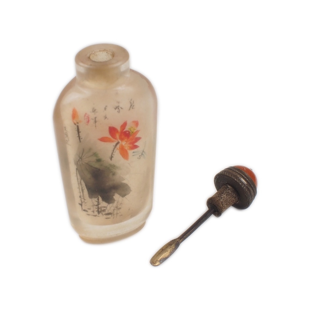 博古珍藏》水晶內畫蓮花圖鼻煙壺名家作早期收藏老件文物附錦盒