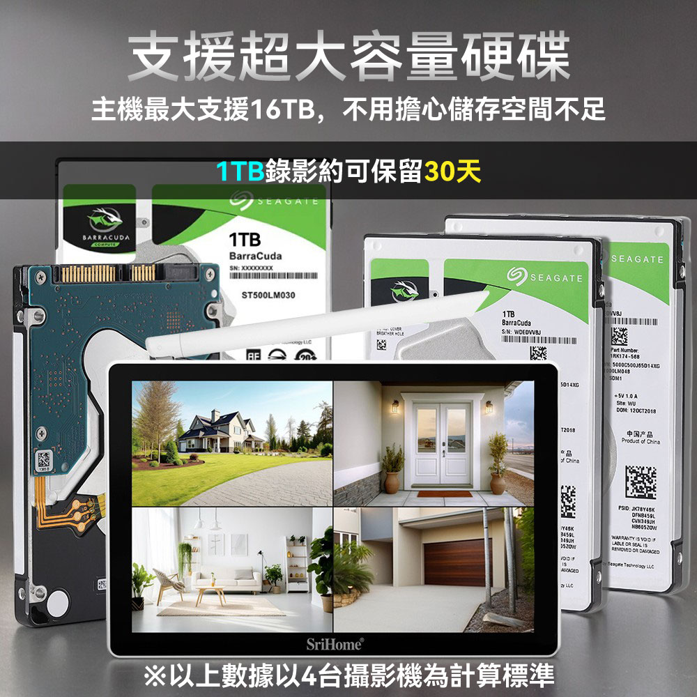 支援超大容量硬碟主機最大支援16TB,不用擔心儲存空間不足1TB錄影約可保留30天BARRACUDA1TBBarracudaN ST500LM030  SEAGATESEAGATE1TBBarraCudaSN:SriHome※上數據以4台攝影機為計算標準Part Number 1.0 A: : 中国产品 China Product of China WARRANTY      REMOVED OR
