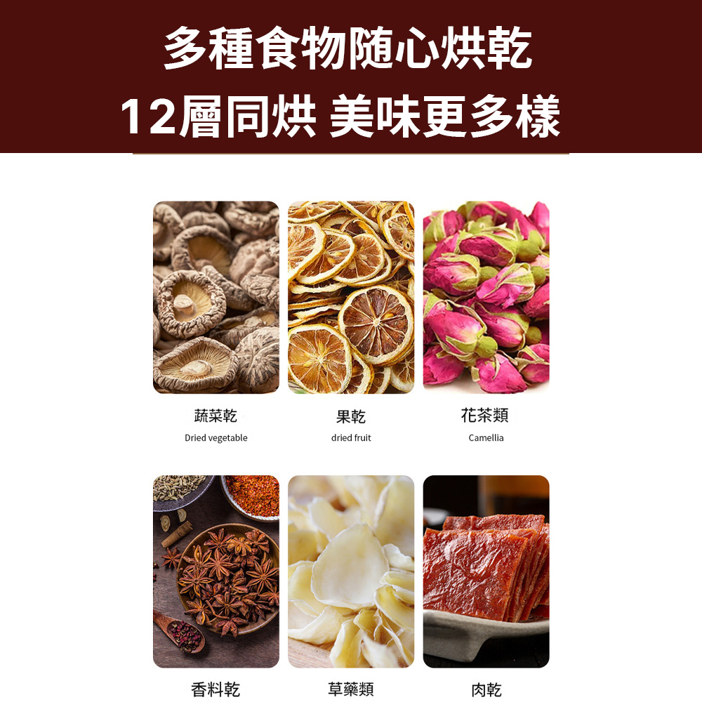 多種食物随心烘乾12層同烘 美味更多樣蔬菜乾果乾花茶類Dried vegetabledried fruitCamellia香料乾草藥類肉乾