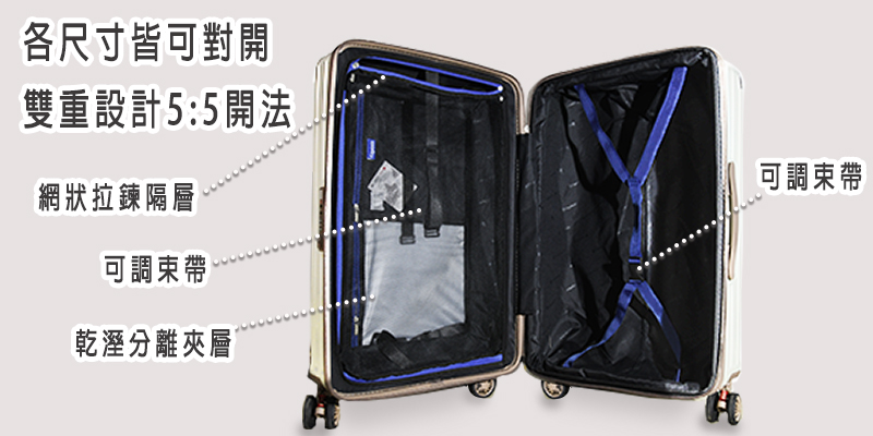 各尺寸皆可對開雙重設計5:5開法網狀拉鍊隔層可調束帶乾溼分離夾層可調束帶