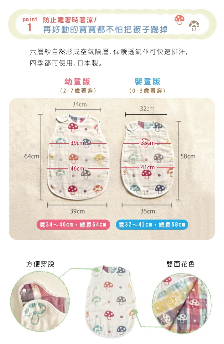 point 防止睡著時著涼!1再好動的寶寶都不怕把被子踢掉六層紗自然形成空氣隔層,保暖透氣並可快速排汗,四季都可使用,日本製。幼童版嬰童版(2-7歲著穿)(0-3歲著穿)34cm32cm39cme64cm41cm46cm 39cm35cm寬34~46cm,總長64cm 寬32~41cm,總長58cm方便穿脫雙面花色