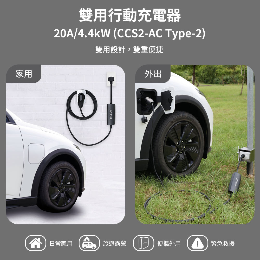 家用雙用行動充電器20A/4.4kW (CCS2-AC Type-2)雙用設計,雙重便捷外出ALEN日常家用旅遊露營便攜外用緊急救援