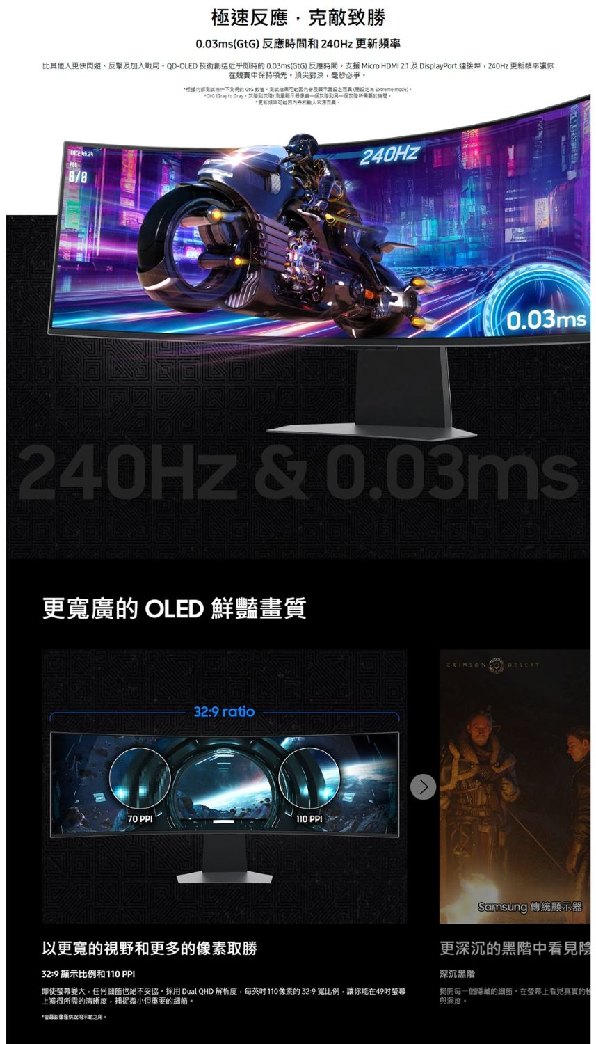 極速反應克敵致勝0.03ms反應時間240Hz 更新頻率比其人更快閃避、反擊加入戰局QD-OLED 技術創近乎即時的 0.03ms(GtG) 反應時間援Micro HDMI 2.1 及DisplayPort 連接240Hz 更新頻率讓你在競賽中保持領先頂尖對決必爭8/8支造 mode)及(他GtG Gray to Gray)量的更新和240Hz0.03msl240Hz & 0.03ms更寬廣的 OLED 鮮豔畫質329 ratio70 PPI110 PPI Samsung 傳統顯示器以更寬的視野和更多的像素取勝32:9 顯示比例和110 PPI即使變大,任何細節也絕不妥協採用 Dual QHD 解析度,每110像素的32:9 寬比例,讓你能在49吋螢幕上獲得所需的清晰度,捕捉微小但重要的細節。*影像僅供之用。更深沉的黑階中看見陰深沉黑階揭開每一個隱藏的細節。在螢幕上看見真實的與深度