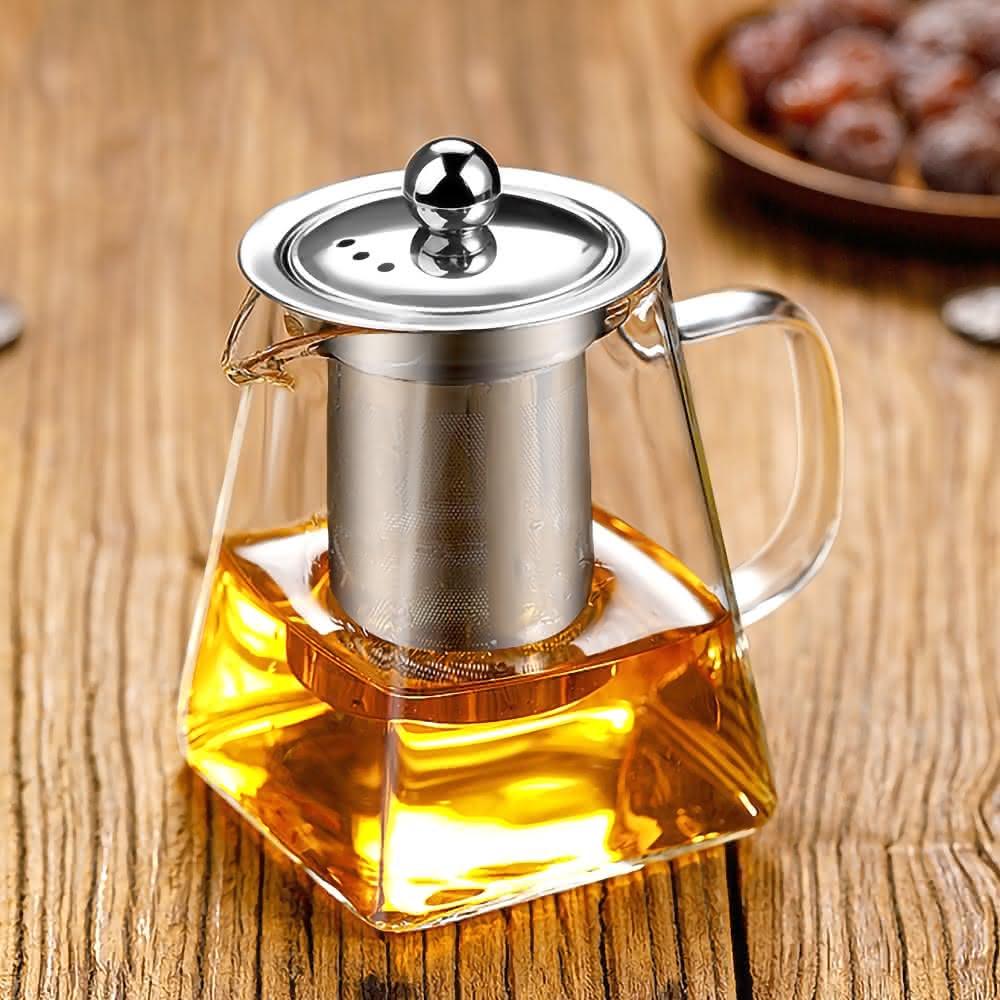 蕉蕉購物】304不鏽鋼方形玻璃茶壺-550ml高硼矽耐高溫泡茶壺玻璃
