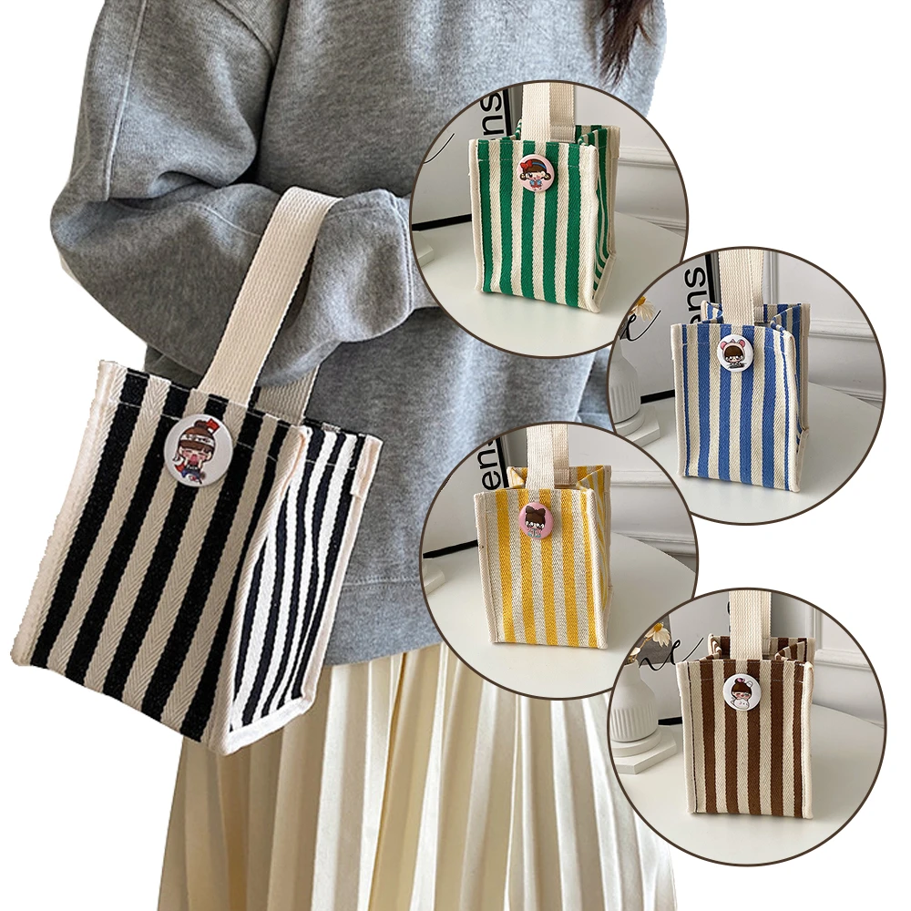 【Bliss BKK】清新直條棉麻手提袋 手機包 手提袋 手提包 小廢包 棉麻包 飲料袋 隨身包 (5色可選)