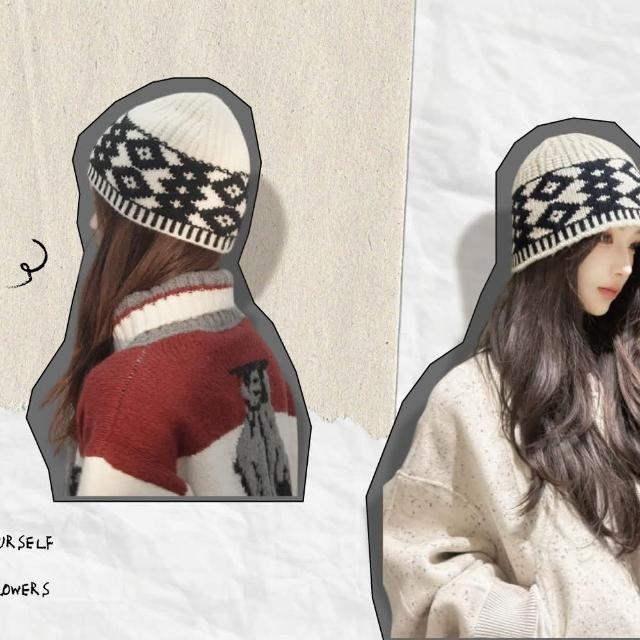 ZOII 佐壹】黑白復古提花冷帽毛帽帽帽子秋冬帽毛帽女冷帽堆堆帽韓版毛 - Main Image