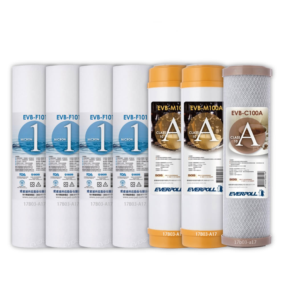 EVERPOLL EVB-F101 1微米PP濾心4支 EVB-M100A道爾樹脂濾心2支 EVB-C100A壓縮活性碳濾心(前置濾心組合共7支)