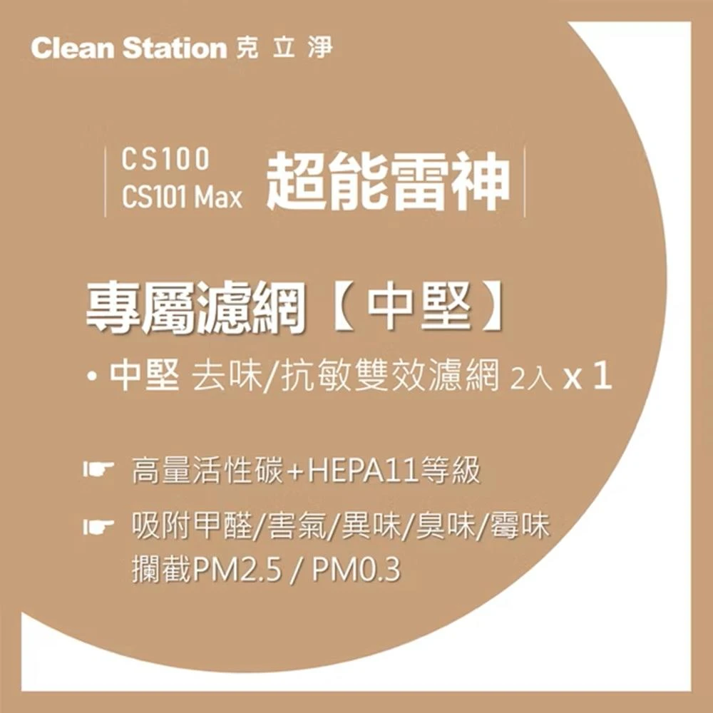 【Clean Station 克立淨】{CS100/CS101 Max} 超能雷神｜中堅去味/抗敏雙效濾網 1組