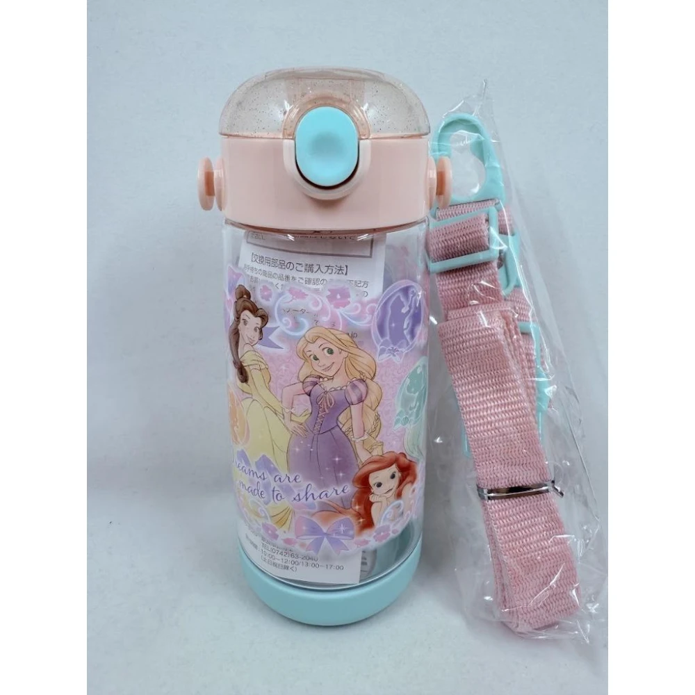 Skater】附揹帶日本2025彈壓式迪士尼公主矽膠兒童吸管水壺480ml (交換