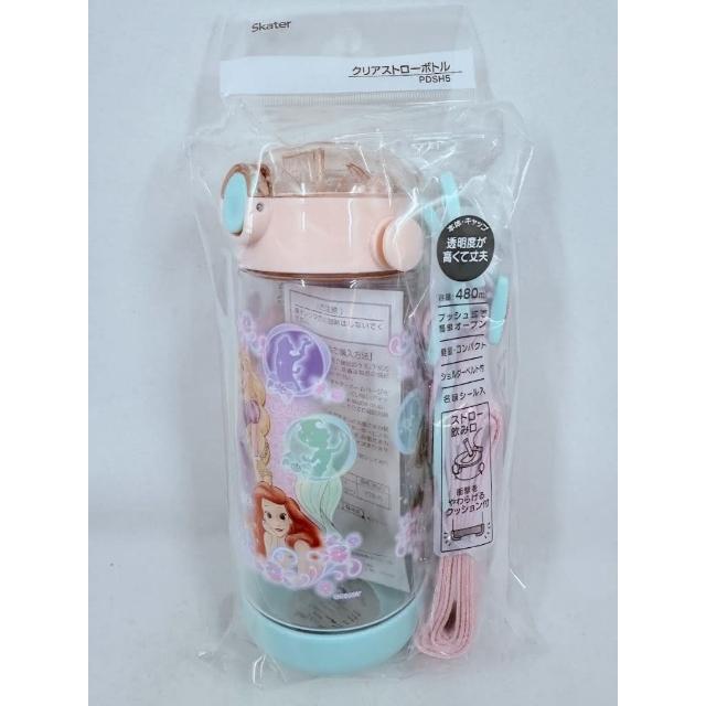 Skater】附揹帶日本2025彈壓式迪士尼公主矽膠兒童吸管水壺480ml