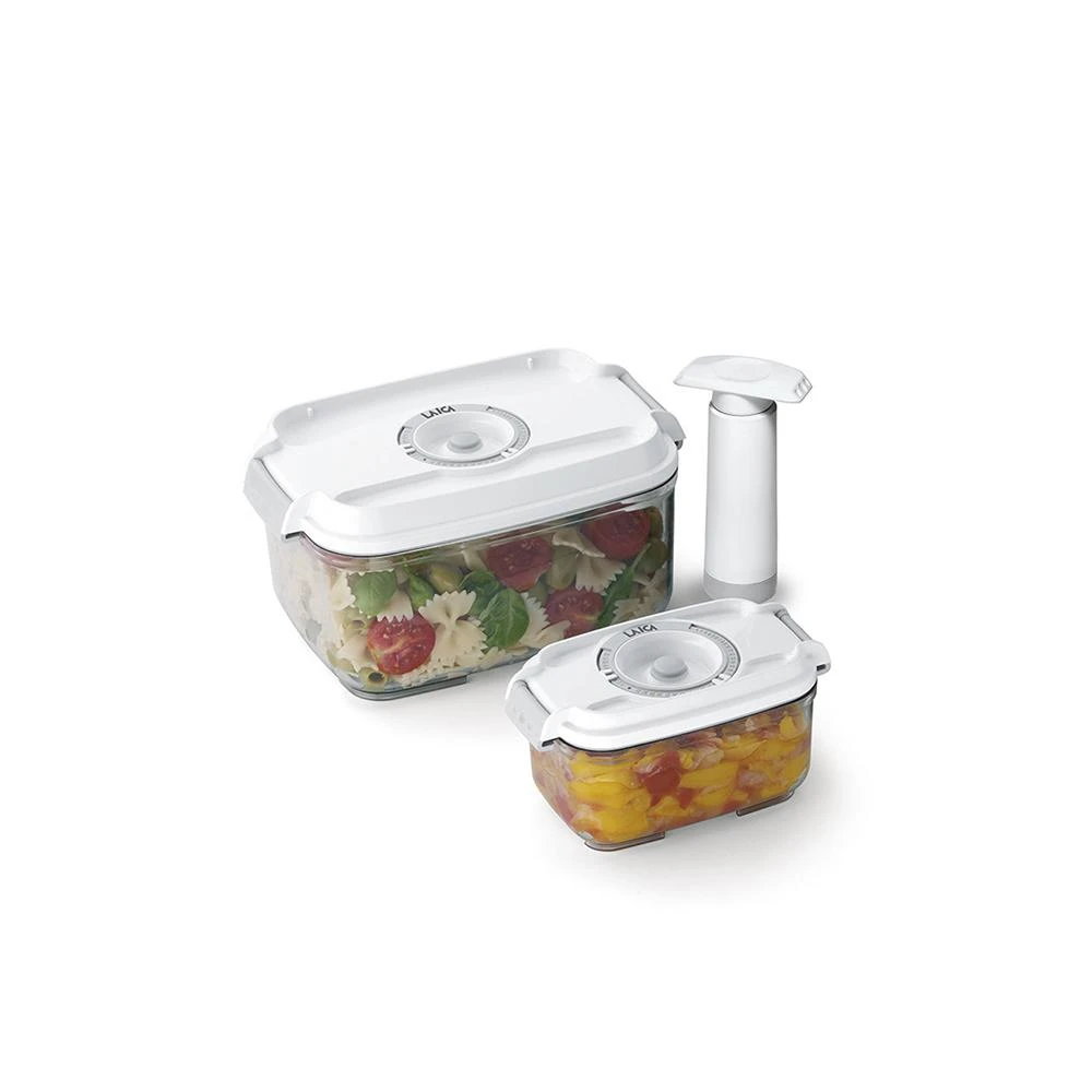 【LAICA 萊卡】真空保鮮盒2入附手抽幫浦 0.5L+長高型2L(義大利製造)