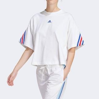【adidas 愛迪達】ADIDAS 短T W FI 3S TEE 白色 藍紅條紋 短版 上衣 女 IS3236