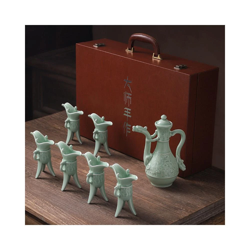 汝瓷绿釉高爵杯　酒器 爵杯 古玩 旧家収蔵 爵 陶芸　古美術品 新品爵杯酒具套裝陶瓷傳統酒壺烈酒復古代酒樽中式