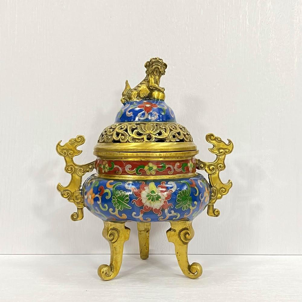 御古齋】掐絲景泰藍獅戲球銅香爐熏香爐三足爐掐絲琺瑯彩爐壁厚實爐蓋鏤