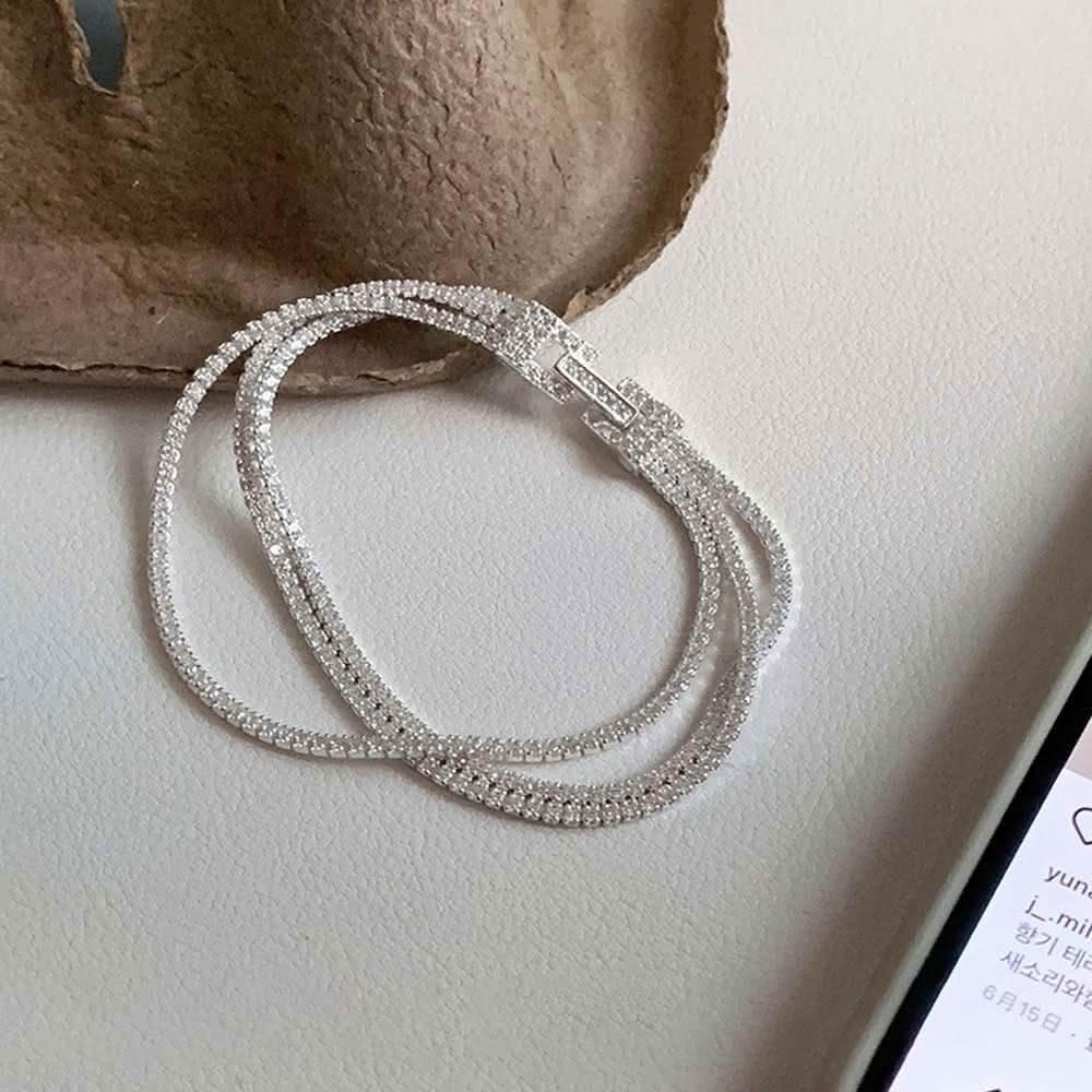 Rencontre 時髦滿鑽！三排閃鑽純銀壓扣手鍊(韓國純銀手鍊純銀手鍊)