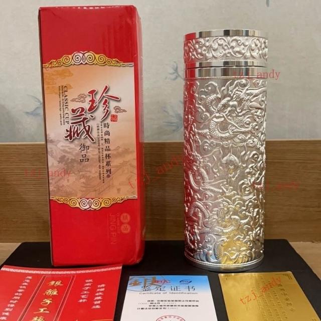 台灣出貨-銀杯子999純銀水杯九龍銀杯保溫杯足銀內膽雪花銀水杯