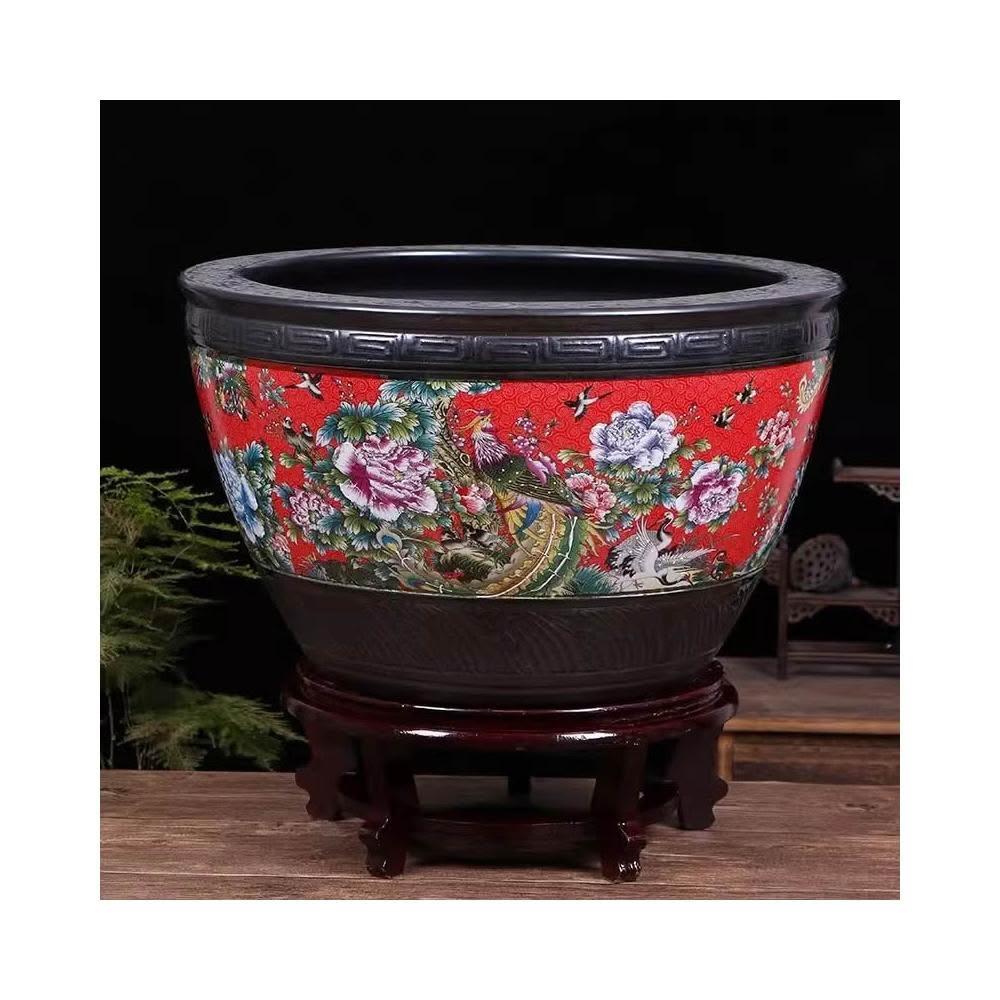 景德镇陶瓷金鱼缸大号红色睡莲盆荷花缸乌龟缸落地大水