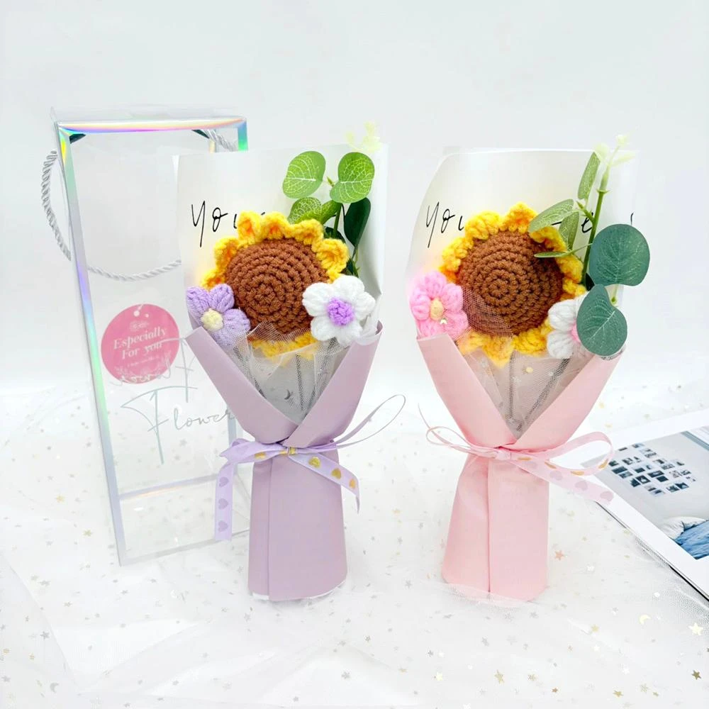【六分埔禮品】編織向日葵小花綠葉花束-多色任選(擺飾畢業禮物畢業典禮太陽花向日葵針織盒裝)