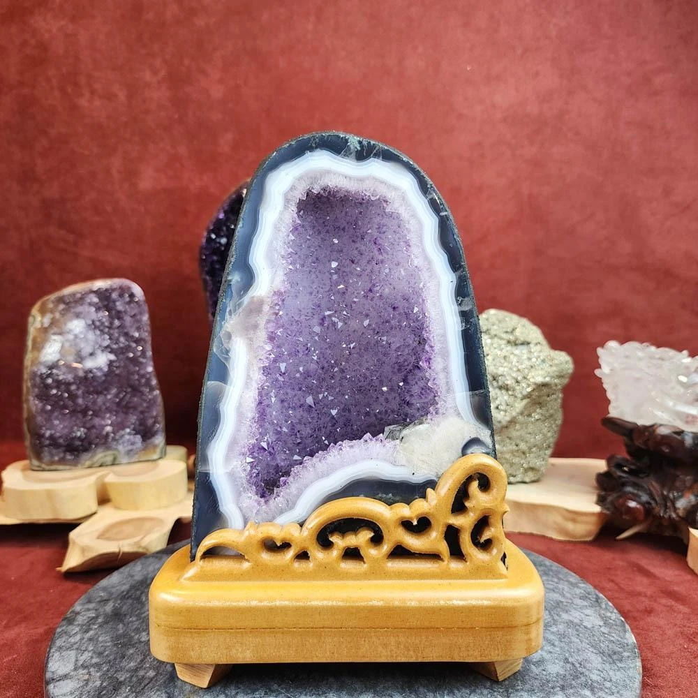 藍夜水晶】藍瑪瑙漸層星空雙胞胎紫晶洞P10