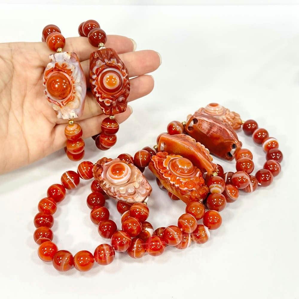 御古齋】天然九頁岩瑪瑙雙龍拱珠雪天眼紅天珠手珠手鍊佛教聖物避邪鎮煞