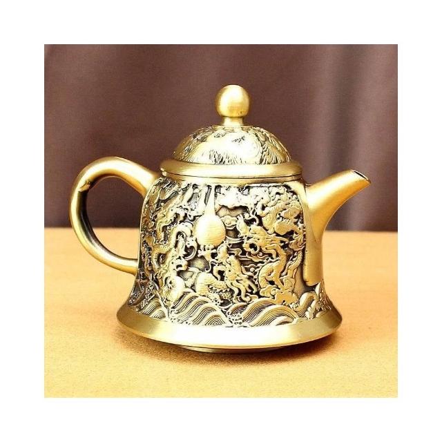 高檔黃銅茶壺龍頭壺創意酒杯辦公案頭擺件純銅復古中式茶具雙龍戲珠茶具