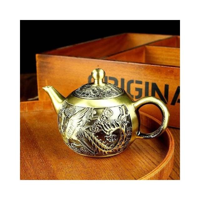 黃銅龍鳳山水茶壺家居茶桌茶具純銅擺件龍鳳呈祥小茶壺中式茶具雕花茶壺