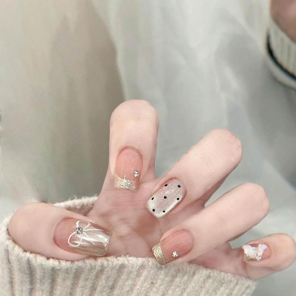 梵花 全新手工美甲穿戴甲短版法式貓眼波點高級ins甜美學生新娘指甲貼