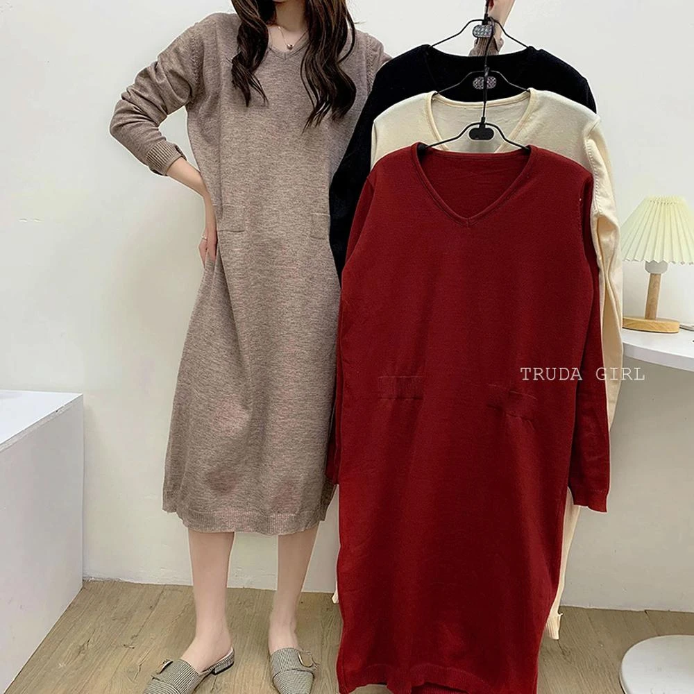 《杜達女孩》我是懶人需要V領針織連身裙 長版針織衣 連身洋裝 長袖連身裙 長袖洋裝 長版毛衣 連身裙 孕婦裝