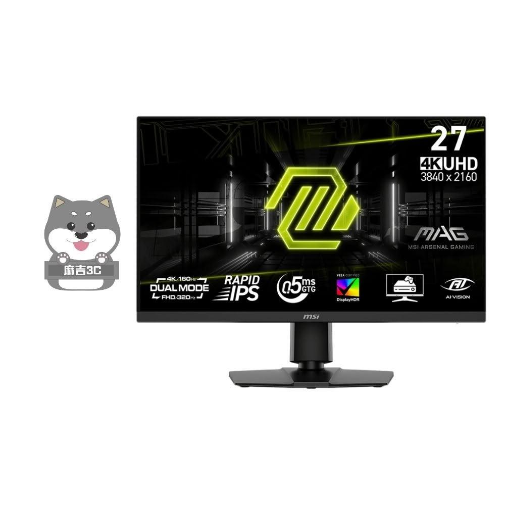  MSI 微星 MAG 272URDF 是一款高規格 27 吋 4K UHD IPS 面板電競顯示器，解析度達 3840 x 2160，提供 1000:1 對比與 16:9 寬螢幕比例。擁有超快 0.5ms 反應時間與 160Hz~320Hz 可變更新頻率，適合電競遊戲與追劇看片。支援 HDMI、DisplayPort 輸入，亮度 400 cd/m²，178° 廣視角，1.07 億色顯示（10 bits + FRC），內建 HDR、抗藍光、護眼與 Adaptive-Sync 功能，窄邊框設計提升視覺沉浸感。VESA 壁掛相容，重量 10kg，尺寸 613.5 x 227.9 x 536.3mm，三年保固，電競 gamer 必買健康護眼款。 
