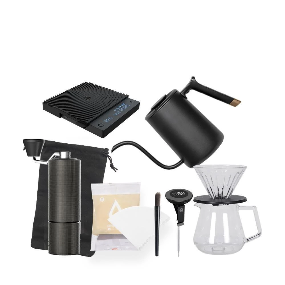 【TIMEMORE 泰摩】官方直營｜手沖咖啡新手9件組 C3S手磨 高硼矽濾杯01 透明360下壺 Pure壺 小T Mini秤 濾紙 刷子便攜袋