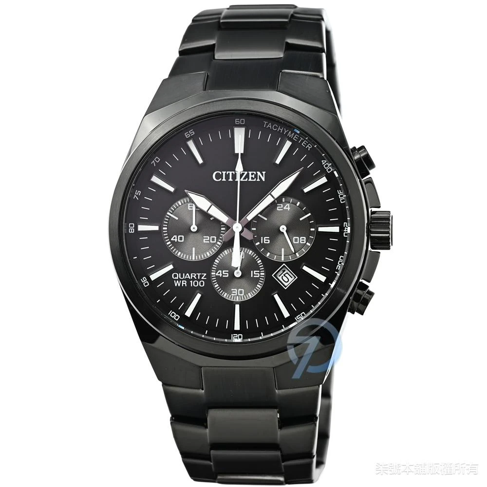【CITIZEN 星辰】【柒號本舖】CITIZEN星辰超霸三眼計時鋼帶錶-IP黑 / AN8175-55E