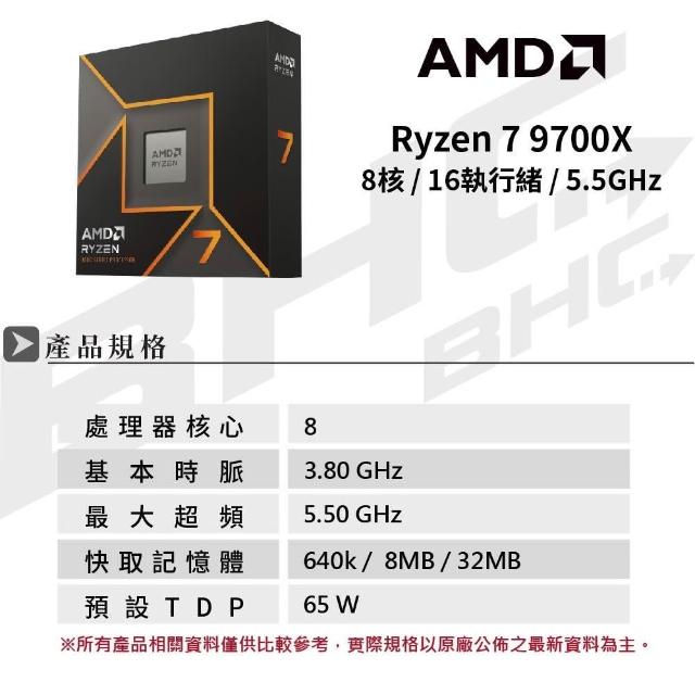 AMD 超微】Ryzen 7 9700X 8核/16緒AM5/含內顯/無風扇中央處理器