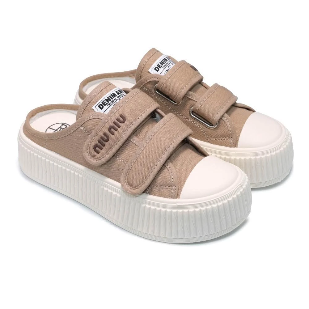 C&D 女鞋 4.5CM厚底增高魔鬼氈帆布奶油餅乾穆勒鞋 半拖鞋 半包鞋 前包後空 包頭鞋 餅乾鞋 休閒鞋 帆布鞋