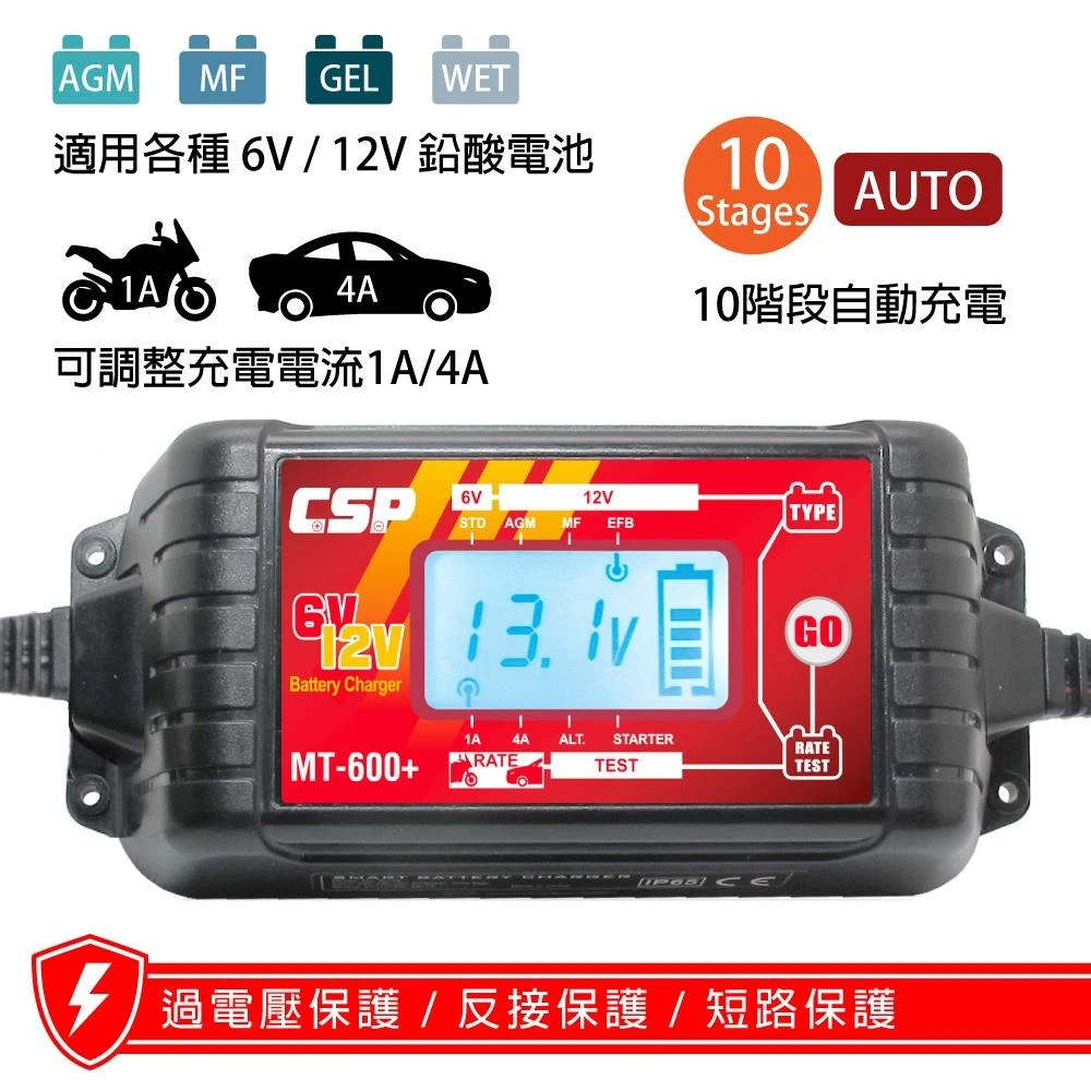【CSP】CSP【MT600+】多功能脈衝式智能充電器 修復電池 6V/12V 兒童玩具汽車 機車 貨車 MF EFB AGM