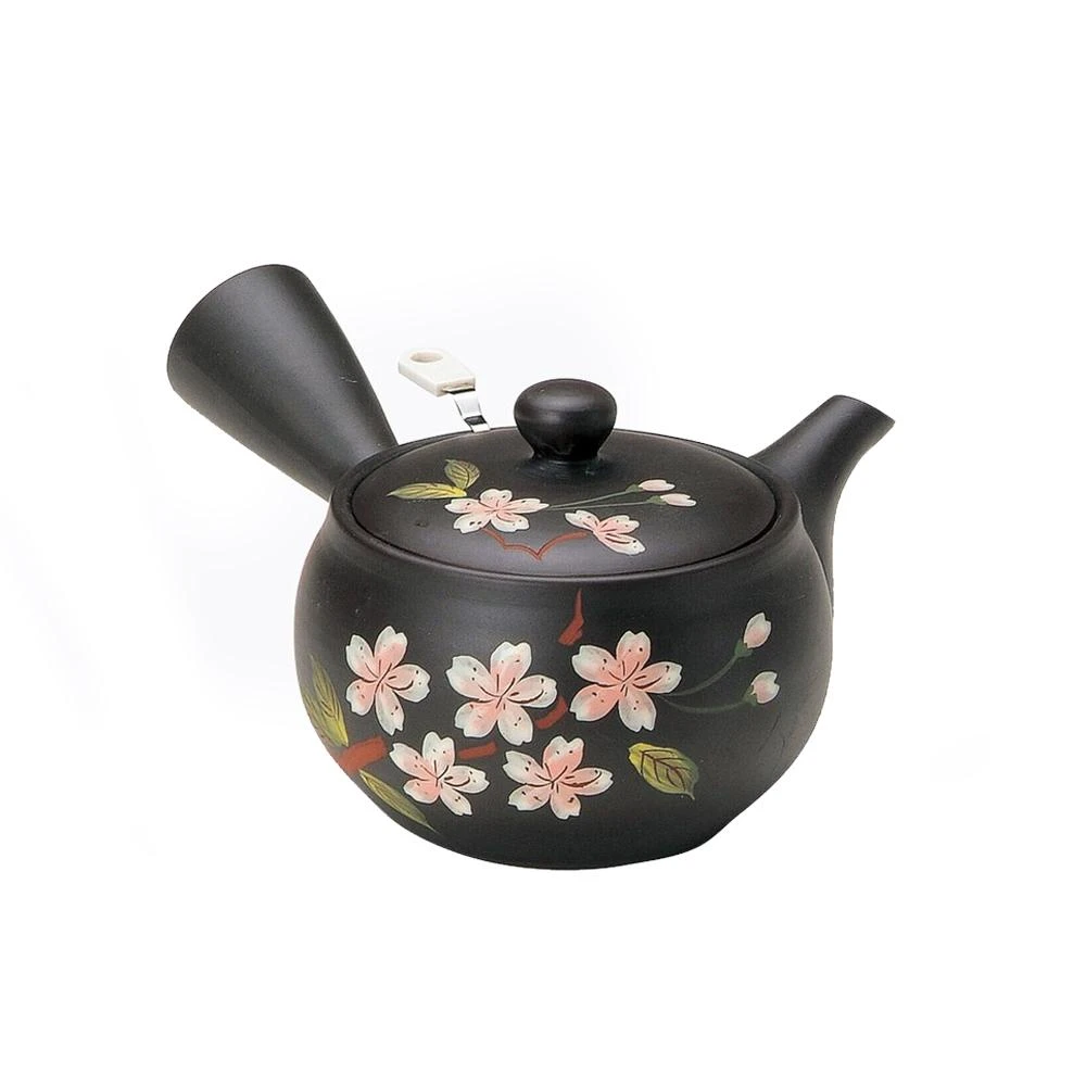 日本製常滑燒富仙黑泥白花急須壺320ml 不鏽鋼濾網櫻花陶瓷茶壺橫手急須