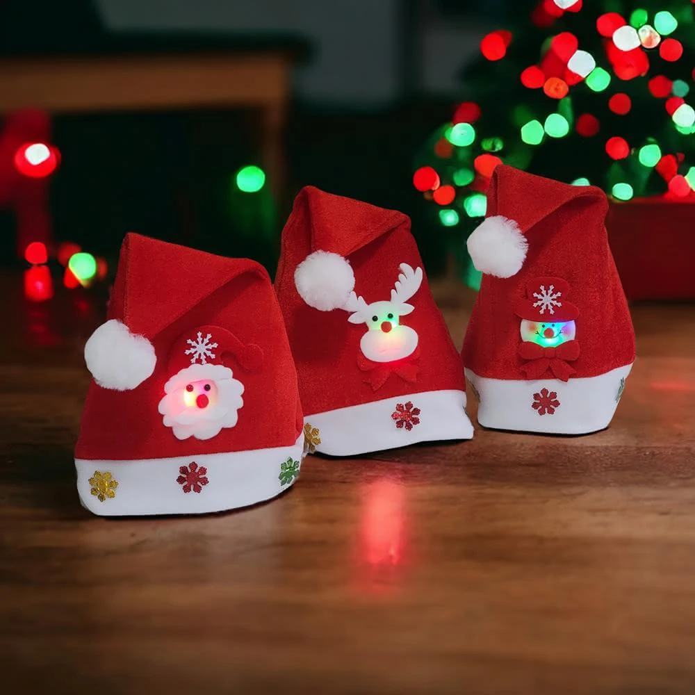 【六分埔禮品】兒童紅絲絨燈帽-綜合3入組(聖誕節耶誕節居家節慶DIY裝飾佈置吊飾聖誕帽聖誕老人帽擺飾)