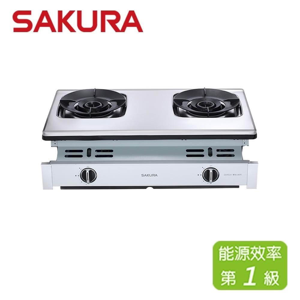 SAKURA櫻花牌 G-6902ASL 雙口瓦斯爐，採用不鏽鋼爐臺與雙炫火爐頭設計，壓電式自動點火，尺寸寬705*深450*高235mm，瓦斯消耗量8~9kW，能源效率第一級，保固1年，標準安裝，適合現代廚房使用，提供穩定高效煮食體驗。
