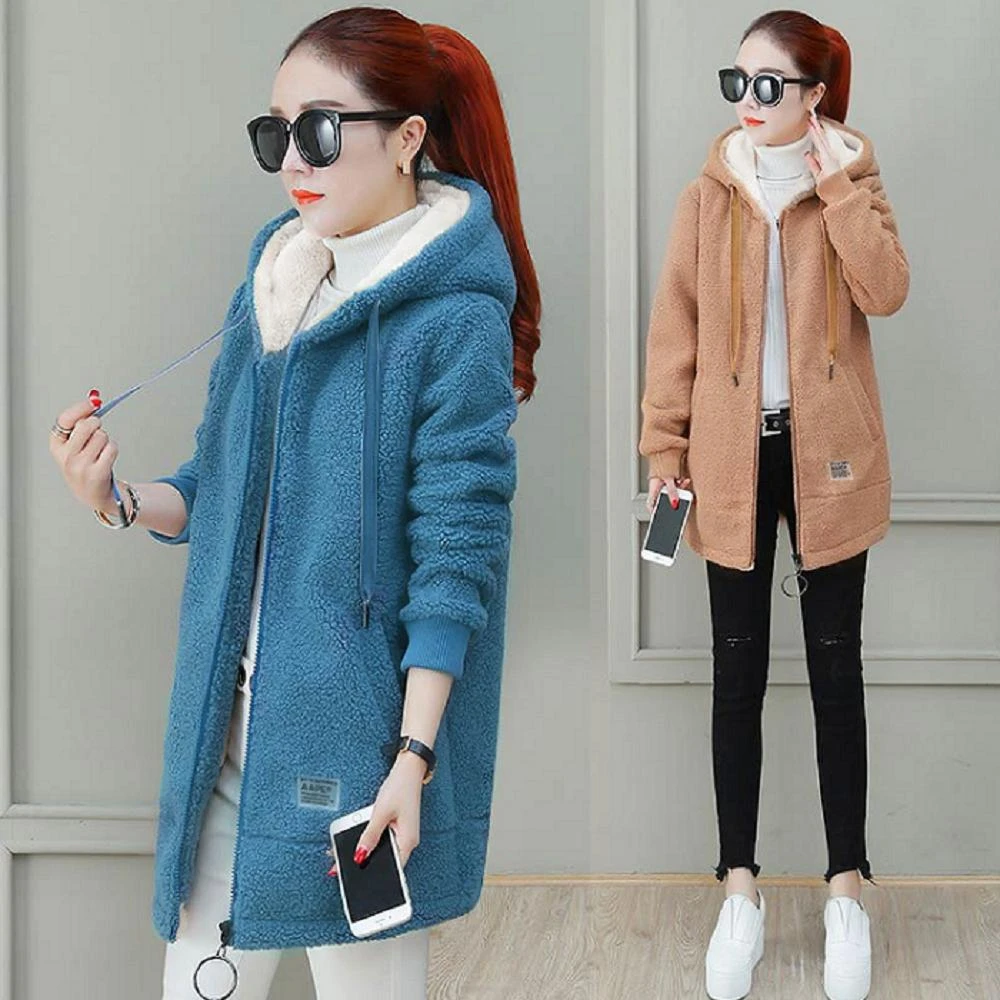 【Shiny 藍格子】素色抽繩連帽仿羊羔毛長袖外套 V5174(女裝 大衣)