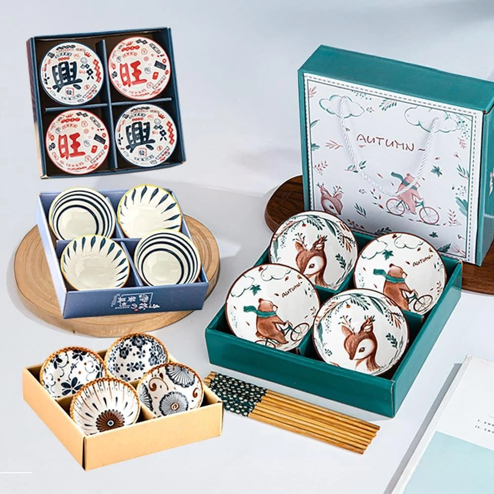 手繪瓷碗禮盒組 釉下彩 250ml  陶瓷碗 日式 鹿 熊 青瓷 過年 興 旺 瓷碗 禮盒 送禮 碗