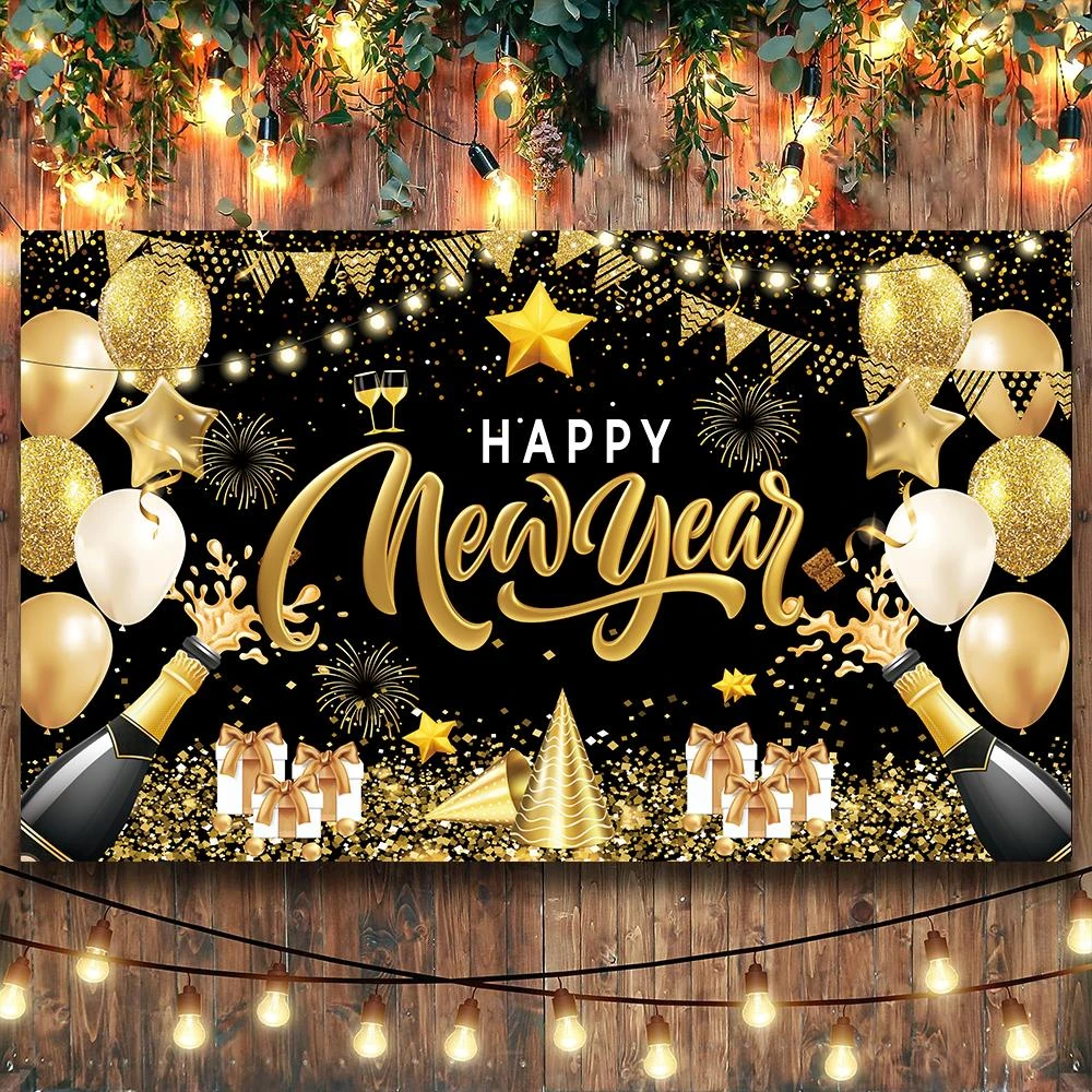 新款新年背景布 多款 跨年 新年佈置 180*110新年快樂 新款新年前夕歡呼掛布 繽紛煙花明亮 橫幅懸掛裝飾