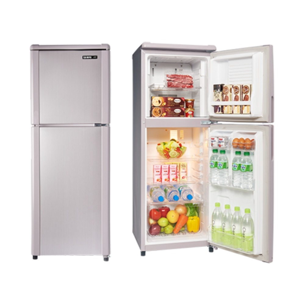 SAMPO 聲寶 140公升一級能效定頻冰箱 SR-C14Q Y9，採用奈米銀雙邊夾框設計，具備無霜冷凍功能，右開門設計，容量適中，適閤家庭使用。寬度66公分，節能省電，提供保固服務，是現代家庭的理想選擇。