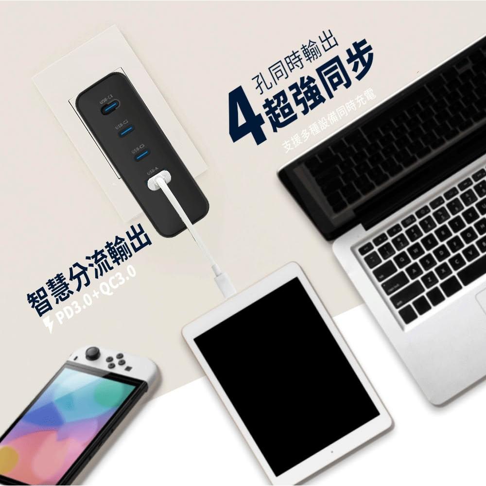 【Lami Fans】 GaN氮化鎵快充 超大功100W 瓦數顯示 帶顯示屏（110v 240v 四孔獨立快充 折疊插頭 多重電路 手機 平板