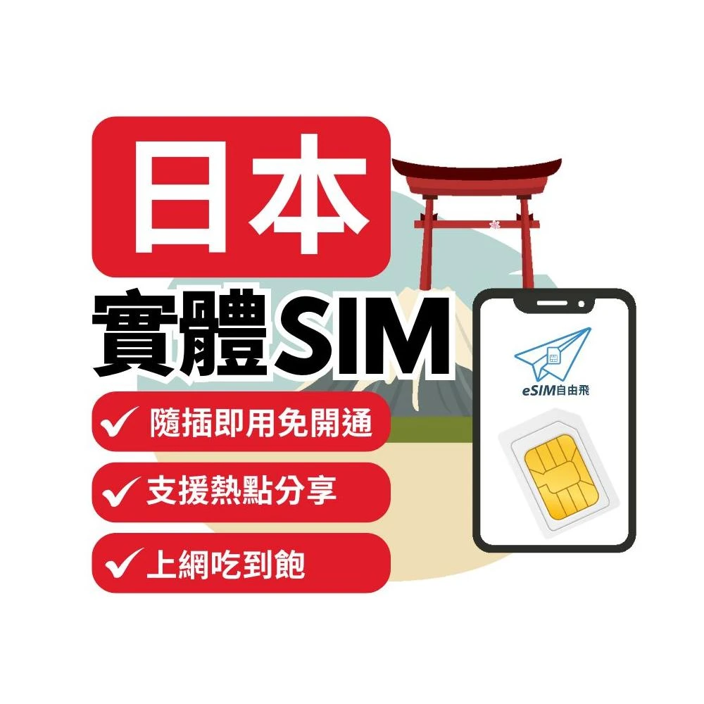 【eSIM Fly】日本 實體SIM卡｜ 原生DOCOMO/軟銀 吃到飽 即插即用 日本 東京 大阪 北海道 沖繩sim卡【短天數】