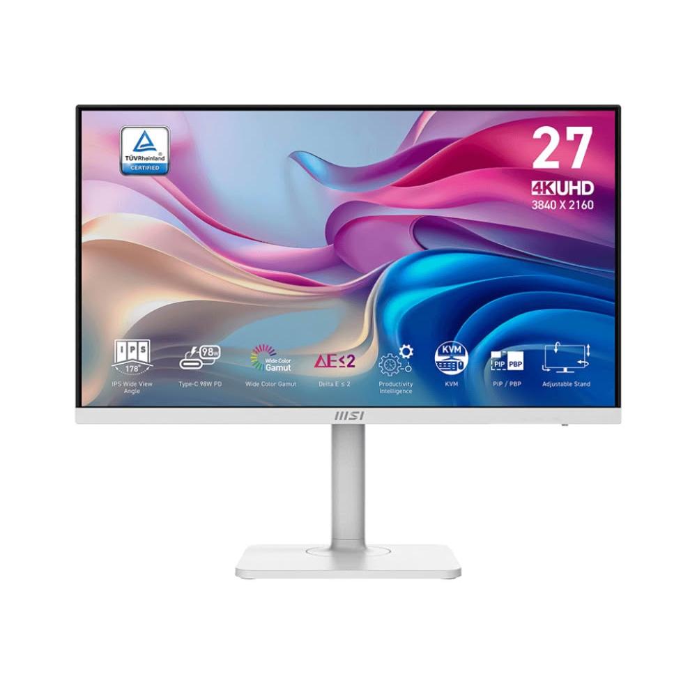  MSI微星 Modern MD272UPHW 27吋IPS面板顯示器，解析度達3840x2160 UHD 4K，亮度400 cd/m²，對比1000:1，支援178°廣視角與1.07B色彩。4ms反應時間、60Hz更新率，內建喇叭與Adaptive-Sync，抗藍光護眼零閃屏，窄邊框設計可左右旋轉90度樞軸。訊號輸入HDMI、Type-C(USB3.1)、DP，VESA壁掛，9.75kg輕薄外型，三年保固，適合OA辦公、追劇看片、健康護眼與學生入門使用。 