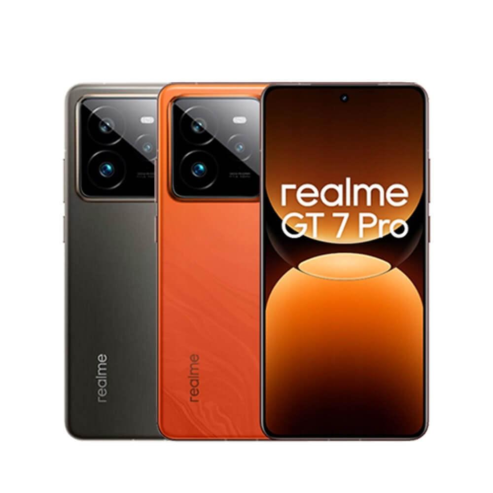 realme 真我 GT 7 Pro 旗艦智慧手機，搭載高通8系列處理器與12GB RAM，512GB大容量儲存，適合高效多工。6.78吋穿孔屏解析度高達3000萬畫素以上，支援夜拍功能與AI辨識。6000mAh以上電池搭配120W快充，續航無憂。支援5G+5G雙卡雙待、NFC、生活防水，灰色/橘色選擇全新品，2025年上市。配件齊全含120W充電器、手機殼、保護貼。1年保固，臺灣客服專線(02)2256-5658，官網：https://www.realme.com/tw/。