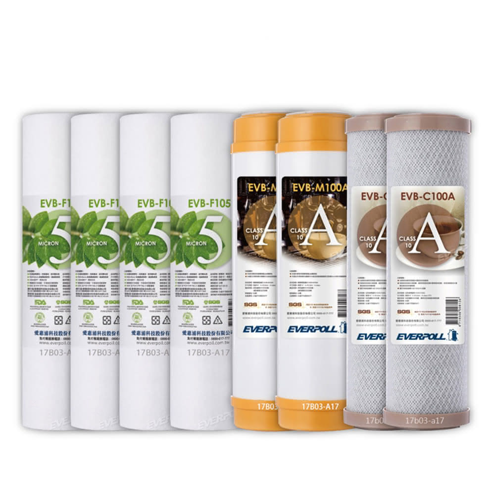 【EVERPOLL】EVB-F105 5微米PP濾心4支 EVB-M100A道爾樹脂濾心2支 EVB-C100A壓縮活性碳濾心2支(共8支)