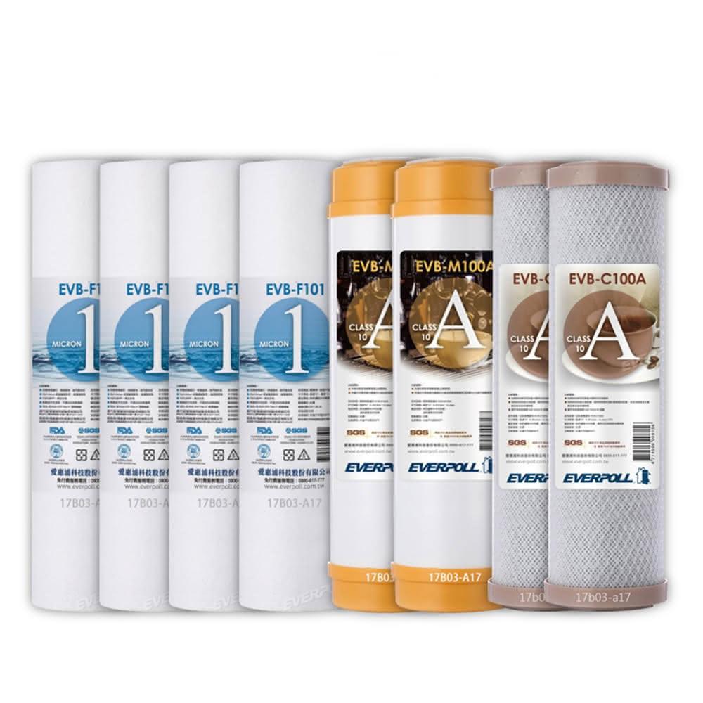 【EVERPOLL】EVB-F101 1微米PP濾心4支 EVB-M100A道爾樹脂濾心2支 EVB-C100A壓縮活性碳濾心2支(共8支)