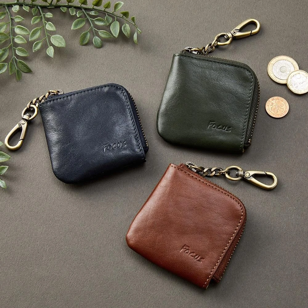 【FOCUS】經典原皮迷你方形拉鍊零錢包/復古小錢包(咖/藍/綠3色任選 F0092)