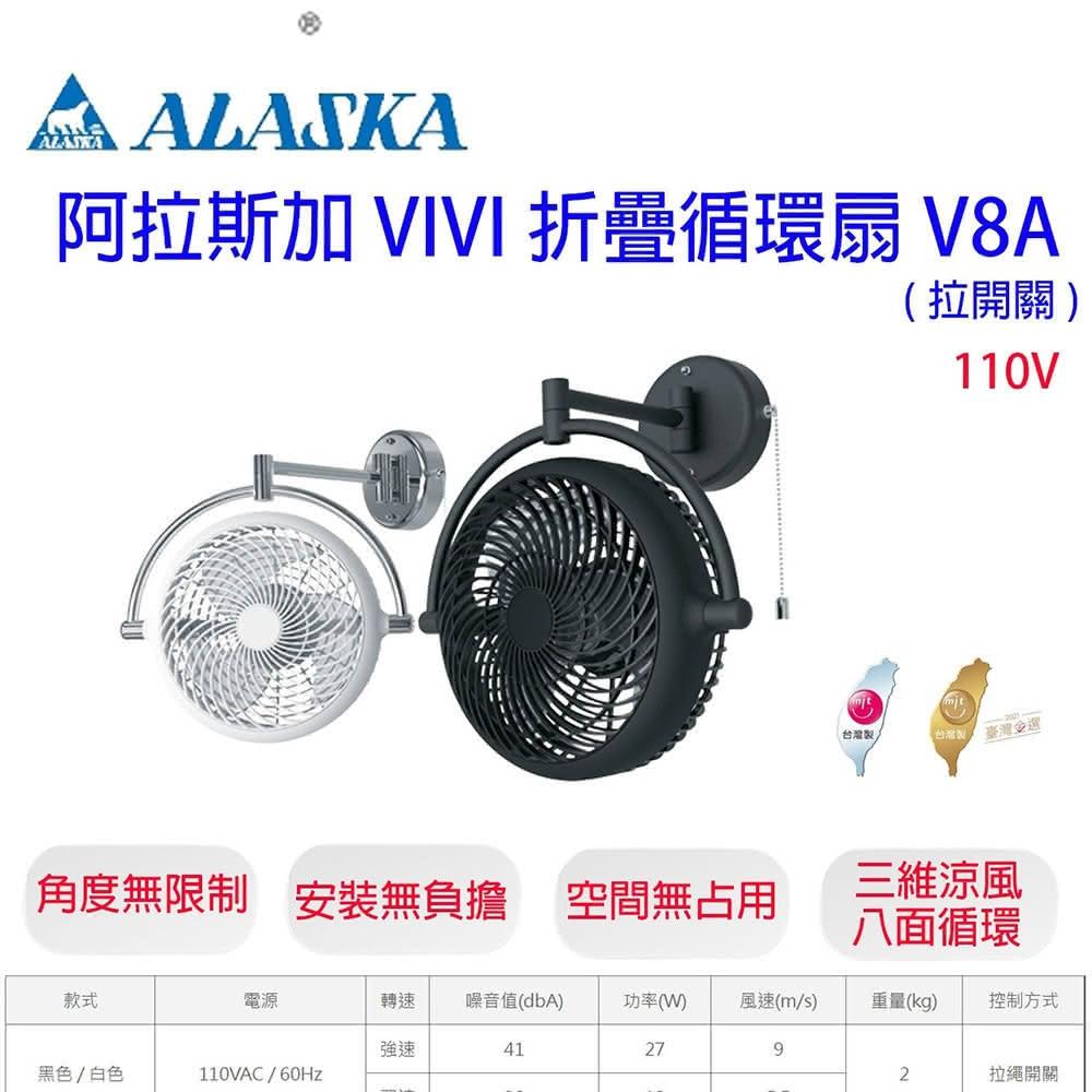 【ALASKA 阿拉斯加】阿拉斯加 ALASKA V8A  8吋 壁扇 VIVI 折疊循環扇 風扇 電扇 遙控風扇 黑色 白色(V8A) 宗宏材料
