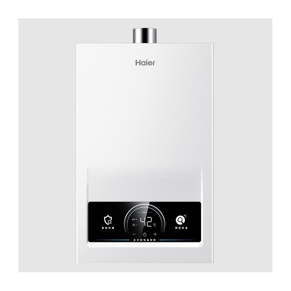 Haier 海爾 JSQ37-18DC3 瓦斯熱水器，採用 FE 強制排氣式設計，提供 18L 熱水輸出，數位恆溫控制確保穩定水溫，電子連續放電點火安全便捷。能源效率第二級，尺寸 540x340x175mm，適閤家庭使用，110V 電壓，1 年保固，BSMI 許可 T3C628，高效節能的家用熱水解決方案。